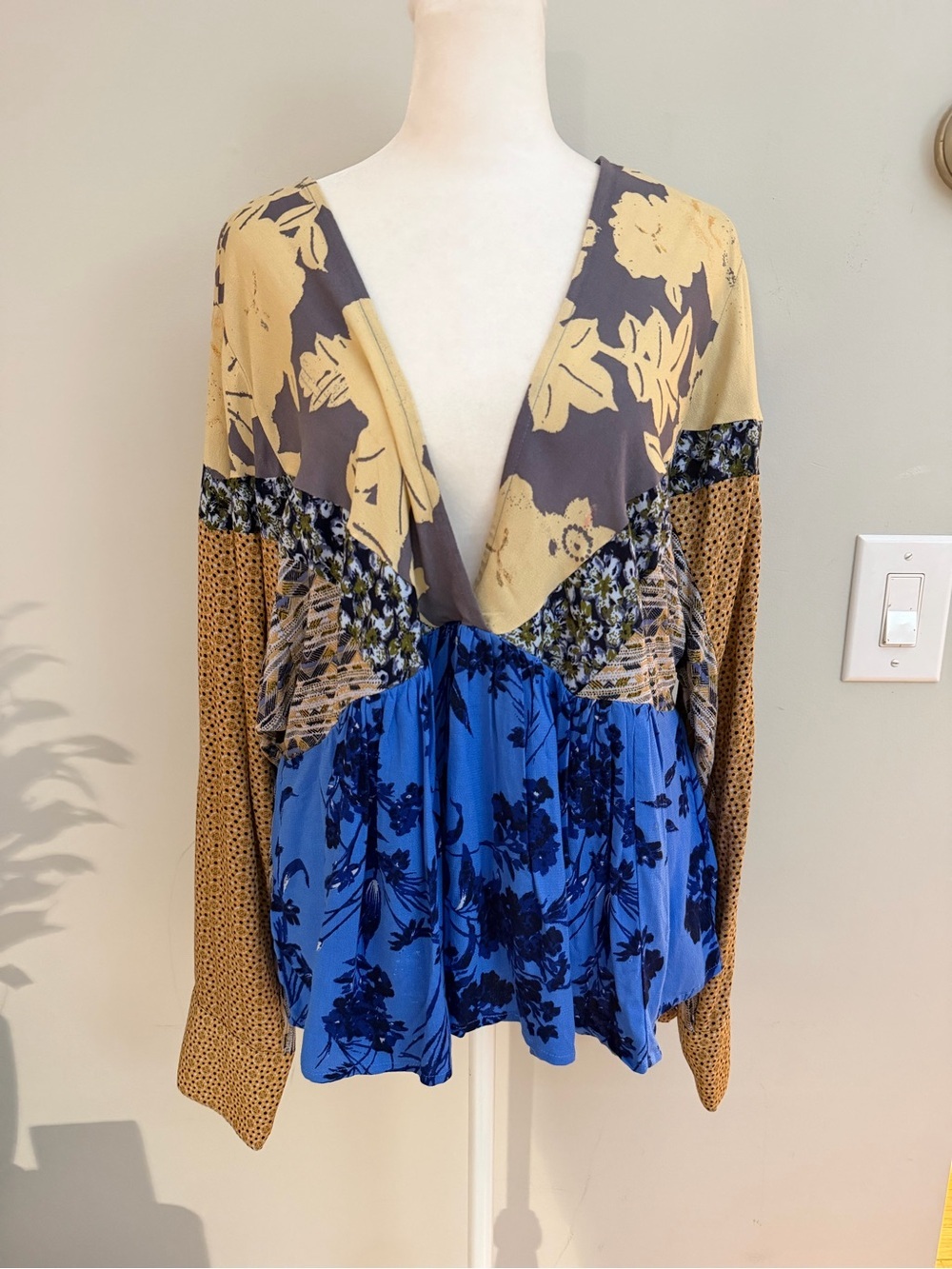 Free People Aloha State of Mind Storm Cloud Patchwork Peplum Blouse L - Picture 2 of 12